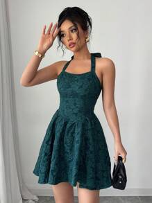 Elenzga Strapless Cinched Waist A-Line Backless Jacquard Elegant Romantic Women Dress