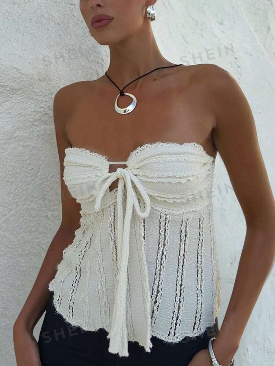 Siren Gaze Blusa de mujer de unicolor con hombros descubiertos, nudo delantero y volantes con textura