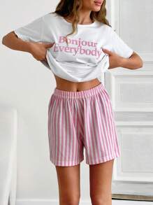 RueChic Baumwoll 2-teiliges Damen Set mit Linien-Muster Shorts und Slogan-Muster Oberteil als Hausanzug