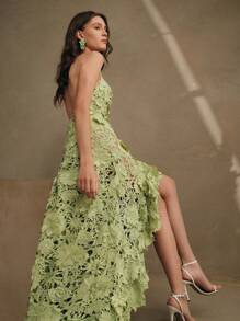 Anewsta 女士优雅度假海滩立体花卉露背无袖细肩带不对称下摆透明覆盖连衣裙，夏季节日外出度假服装