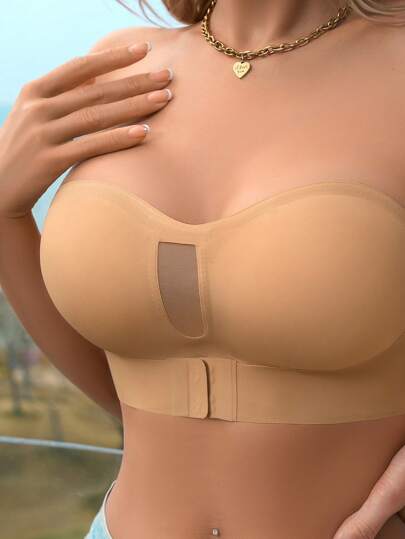 Casual-Comfy 1 Piece Seamless Mesh Splicing Solid Color Front Buckle No Underwire Removable Chest Pad Women's Bra