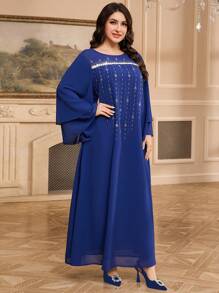 Al Najma فستان ماكسي أنيق مزين بالكريستال للنساء ذوات المقاسات الكبيرة، بأكمام على شكل جرس في أسلوب تركي وعربي، كفتان متواضع - الأزرق - مشاهدة 4