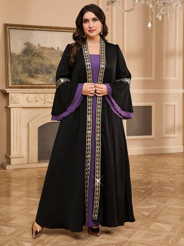 Al Najma Große Größen Frauen einfarbige Patchwork Langarm einfache lässige arabische Stil Abaya, bescheidener Kaftan