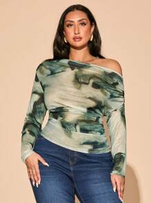 SHEIN BAE Spring Summer Clothes Vacation Beach Plus Size Women Date Out Elegant Big Women Printed Asymmetrical Neckline Pleated Slim Top Mesh Long Sleeve T-Shirt Marble Top - Green - View 5