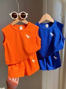 SHEIN 4 件套男童/女童卡通动物印花针织柔软圆领无袖背心 + 松紧腰休闲运动短裤，适合居家、外出、上学