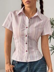 Flirla Camisa casual elegante de mujer de manga corta con rayas y ceñidora de cintura rosada