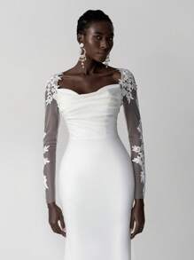 SHEIN Belle Elegant Luxury Embroidered Lace Applique Sheer Long Sleeve Sexy Backless Elastic Ruched Fishtail Maxi Dress With Detachable Train, Suitable For Weddings, Events, Parties, Honeymoons, Bridal,Bride - Beige - View 7