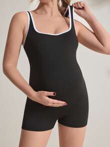 SHEIN ملابس السيدات الحوامل قطعة واحدة قصيرة بتصميم ظهر مفتوح وأحزمة عريضة بدون أكمام مع تباين الألوان، مناسبة للرياضات الخارجية واليوغا - الأسود - مشاهدة 5