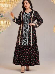 Al Najma Plus Size Women Floral Print Patchwork Ribbon V-Neck Long Sleeve Dress - Multicolor - View 5