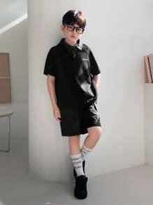 Dazy Kids 2 件套青少年男孩休闲简约短袖衬衫和短裤套装，时尚日常穿着 - 灰色 - 查看 6