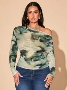 SHEIN BAE Spring Summer Clothes Vacation Beach Plus Size Women Date Out Elegant Big Women Printed Asymmetrical Neckline Pleated Slim Top Mesh Long Sleeve T-Shirt Marble Top - Green - View 1