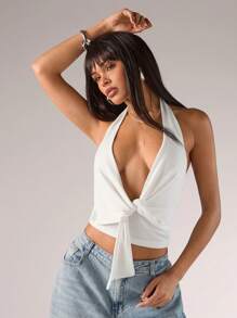 SHEIN BAE 女士酒红色纯色露背褶饰丝带休闲衬衫，适合约会之夜、夜间外出、外出、新年派对、圣诞节、下午茶、感恩节 - 白色 - 查看 4