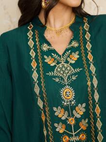 Al Najma Premium Mesh Floral Embroidery Panel Elegant Solid Color Dress For Women, Kaftan & Jalabiya, Luxury Evening Dresses For Women,Modest - Dark Green - View 4