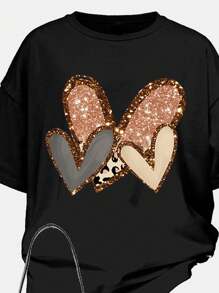 SHEIN Girlism 2pcs/Set Tween Girls Leopard & Heart Print Casual Minimalist Short Sleeve Top & Pants Set, Suitable For Summer - Black - View 3
