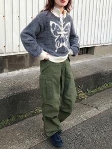 FRIFUL Women's Grey Oversized Turtleneck Butterfly Jacquard Pattern Sweater - Grey - View 2