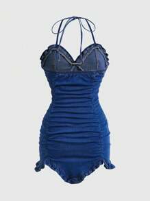 SHEIN MOD Women's Frill Trim Ruched Back Tie Neck Bodycon Denim Dress - Blue - View 2