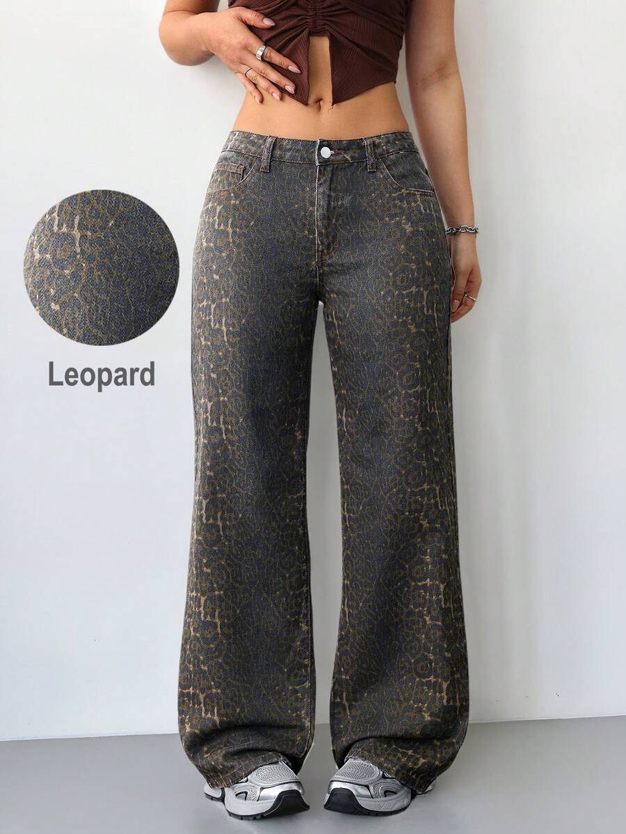 SHEIN Tall Women's Jeans Sexy Low Rise Fit Straight Leg Pants Leopard Print Trousers Old Money Spring Break Outfits Rave Outfits Festival - Multicolor - View 1