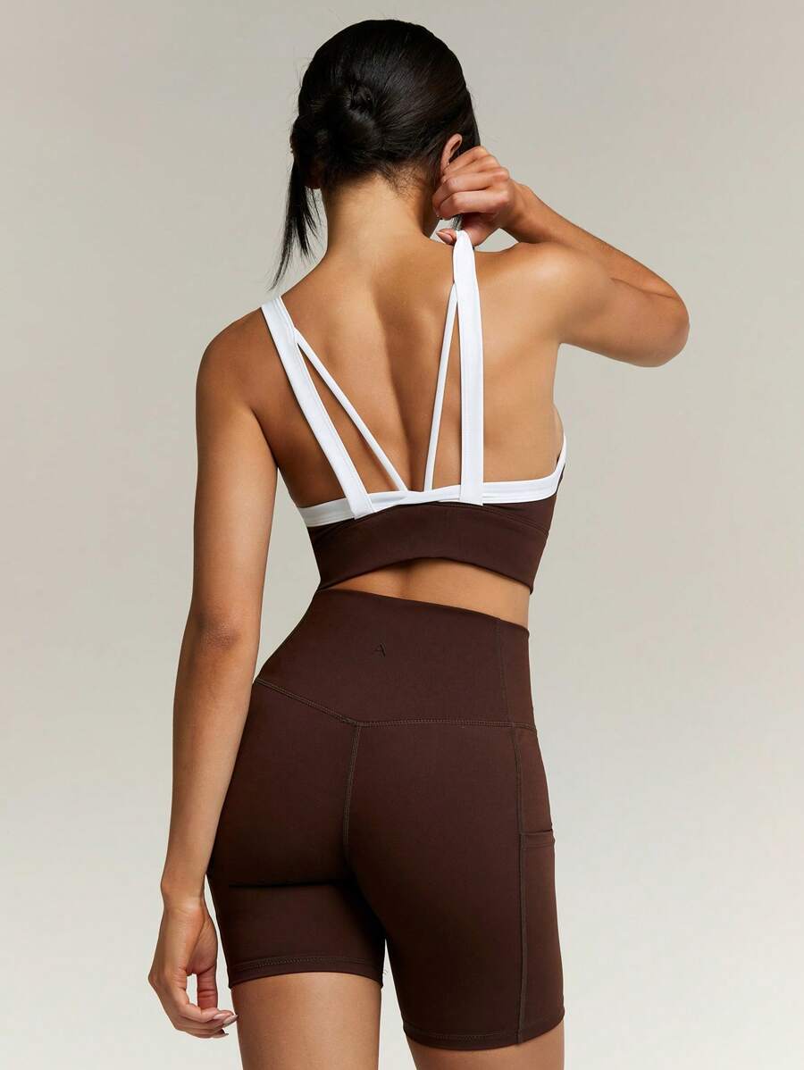 Athîral Women Contrast Trim Camisole & Biker Shorts Seamless Sports Set - Coffee Brown - View 1
