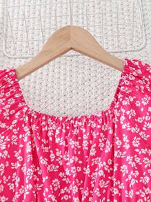 Tween Girl Elegant Floral Pattern Puff Sleeve Dress Is Suitable For Daily Travel And Vacation Wear