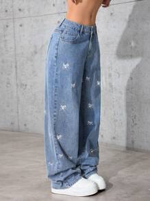 Jeanoix 女士休闲水钻刺绣蝴蝶结口袋牛仔裤