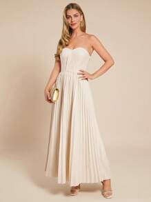 Amorya 女士优雅浪漫垂褶 A 字形连衣裙 - 杏色 - 查看 3