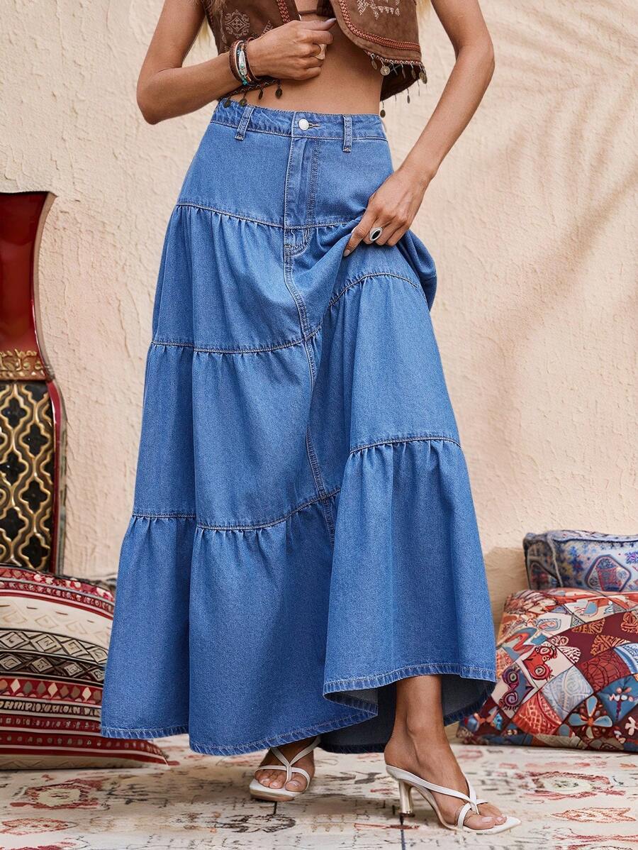 EMERY ROSE Váy denim nữ Váy dài đi nghỉ thường ngày Váy dài xếp nếp nhiều lớp màu xanh Váy dài đi nghỉ mùa hè cho phụ nữ Váy cho phụ nữ Trang phục phương Tây cho phụ nữ Trang phục phương Tây cho phụ nữ Váy lễ hội Hippie Cowgirl Bohemian Boho Cotton SunSummer - Rửa nhẹ - Xem 1