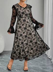 Modelyn Elegant V-Neck Plus Size Lace Midi Dress Fall Cloth For Women - Black - View 3