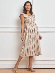 MaterniWear Work/Office Cable Bodice, Square Neck, Ruffled A-Line Hem Mid-Length Maternity Dress - Beige - View 6