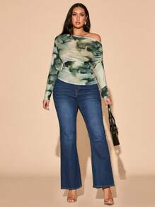 SHEIN BAE Spring Summer Clothes Vacation Beach Plus Size Women Date Out Elegant Big Women Printed Asymmetrical Neckline Pleated Slim Top Mesh Long Sleeve T-Shirt Marble Top - Green - View 3