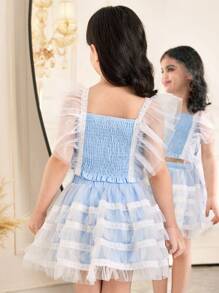SHEIN 2 件套少女编织方领荷叶边衬衫和网眼裙 - 藍色 - 查看 6