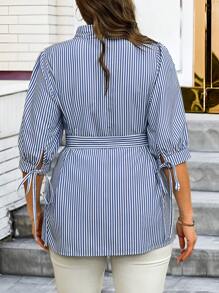 SHEIN Clasi Women's Floral 3D Decor Tie-Front Collared Shirt, Spring/Summer - Blue and White - View 2