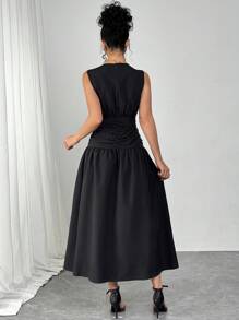 Modelyn Women's V-Neck Sleeveless Ruched A-Line Dress - Black - View 2