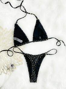 Swim EVENT New Arrival Women Rhinestone Embellished Halter Neck Sexy Bikini 2 Pieces Swimwear For Summer Beach Vacation - Black - View 6