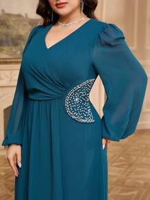 Modelyn Vestido largo elegante de manga larga con cuello en V y cristales para mujer de talla grande - Azul - Ver 4