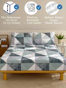 3Pcs Fitted Sheet Set, 80g Microfiber, Geometric Pattern, 1 Fitted Sheet + 2 Pillowcases