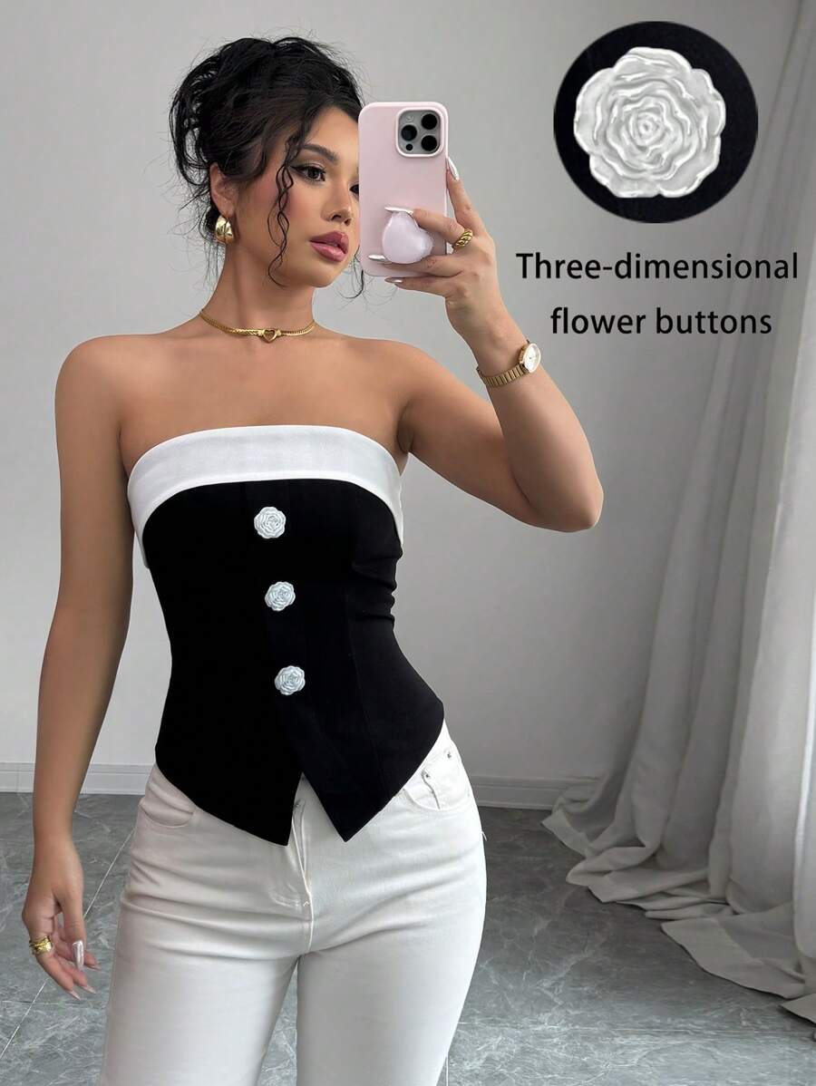 Chiquease Women's Outerwear Crop Top With 3D Floral Button Front Design, New Spring Collection - Black - View 1