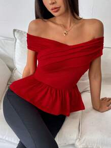 Chiquease Women Off Shoulder Solid Minimalist Crisscross Hem Ruffle T-Shirt - Red - View 6