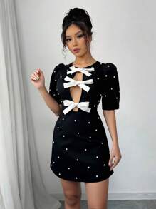 Chiquease Women's Elegant Contrast Hollow Out Bowknot Detail Dress - Black and White - View 3