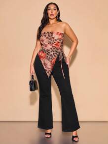 SHEIN BAE Plus Size Women Elegant Vacation Drawstring Asymmetric Bandeau Top, Flower Print Design, Suitable For Music Festival, Beach Holiday/Going Out Tops/Concert Tops/Summer Clothes/Sleeveless Top/Casual Tops/Graphic Crop Top,Graduation - Khaki - View 2