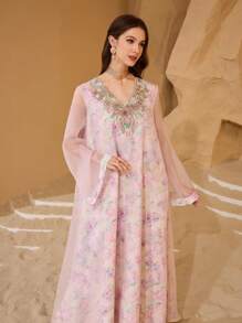 Al Najma Women's Floral Chiffon Elegant Turkish & Arabian Traditional Maxi Jalabiya Dress Wedding Dresses For Women