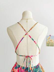 Soleia Váy Maxi hở lưng họa tiết lá cọ hoa nhiệt đới dành cho nữ, phong cách nghỉ dưỡng - Nhiều màu - Xem 3