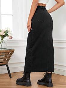 SHEIN Tall Y2K Style Side Slit Fitted Non-Stretch Sexy Denim Skirt For Women - Black - View 2