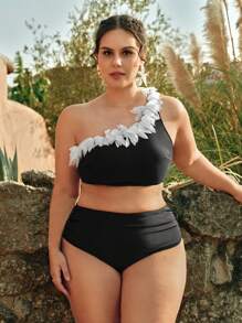 Swim Chiccia 2 件大码女式纯色露背雪纺荷叶边上衣和高腰褶皱三角裤比基尼套装，适合夏季海滩度假 - 黑與白 - 查看 3
