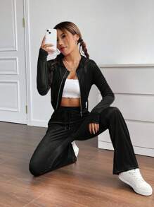 SHEIN EZwear 女士拉鍊連帽夾克和喇叭褲套裝 - 黑色 - 查看 4