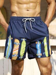 Manfinity Swimmode Men's Skateboard Print Drawstring Waist Beach Shorts Men Swim Trunks