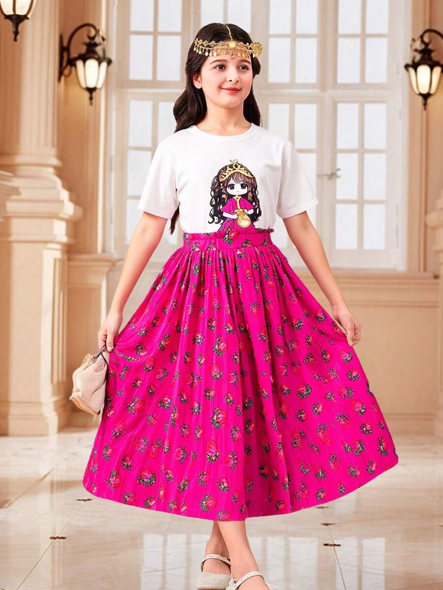 Tween Girl' 女童简约渐变玫瑰复古印花褶皱连衣裙和两件套节日装 - 彩色 - 查看 1