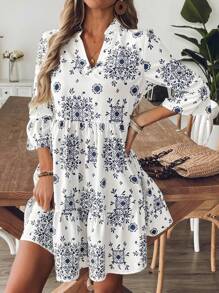 Breezaya 女士休闲洋娃娃印花喇叭袖 A 字形连衣裙，适合度假和日常通勤 - 藍白色 - 查看 6