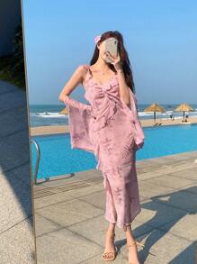 DAZY 2 pièces/set Chemise et Top d'été femme style bohème avec volant ourlet floral ditsy, cache-maillot de plage