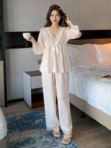 DAZY Romantic Lace Ruffle V-Neck Puff Sleeve Cinched Waist Ladies' Pajama Set - Beige - View 1