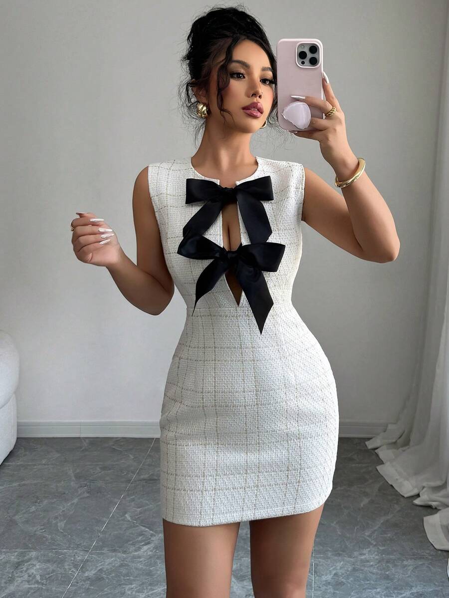 Selianne Women's Elegant White Tweed Mini Dress With Black Bowknot Detail